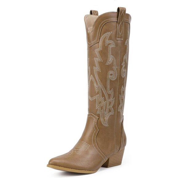Shoes - Women's Tan Cowgirl Knee High Western Tall Boot Chunky Low Pointed Toe Booties